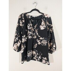 Violet & Claire Top Women Size M Black Floral 3/4 Sleeve Relaxed Blouse Office